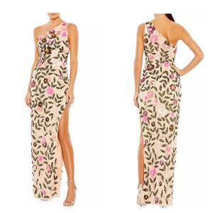 Mac Duggal Floral Sequin One Shoulder Side Slit Gown Multicolor Size 8 NWT